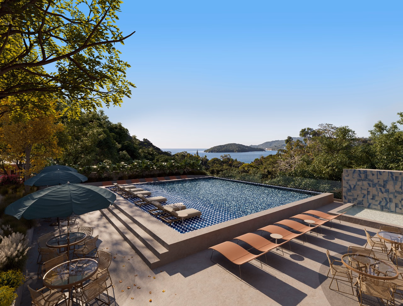 O deque da piscina, com vista para a ilha