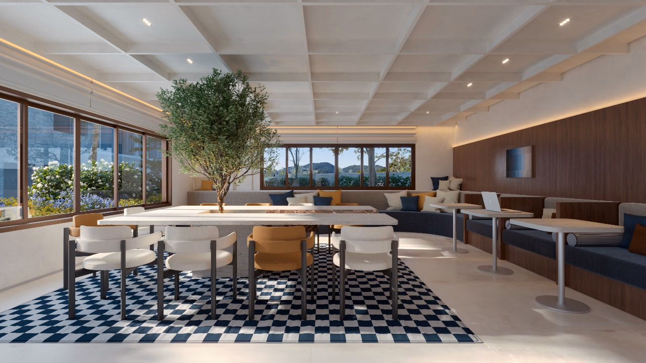 Coworking com mesa compartilhada e estações individuais