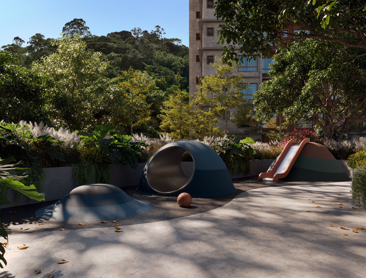 Playground ao ar livre, entre o jardim e a torre