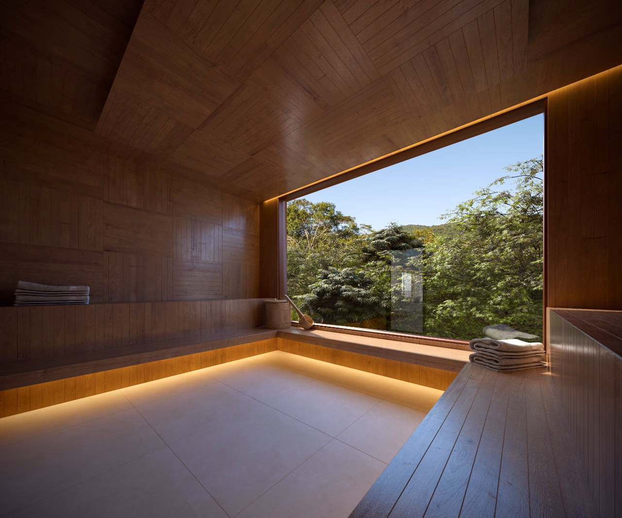 Sauna com janela para a mata
