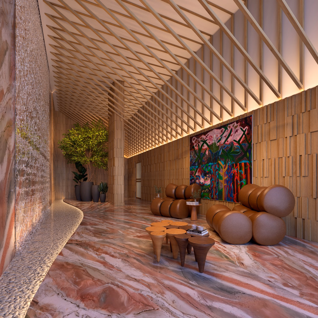 O lobby, com piso de mármore, parede de pedra e forro ripado em madeira