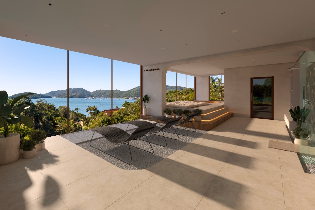 Espaço relax com jacuzzi e sauna, aberto para a baía