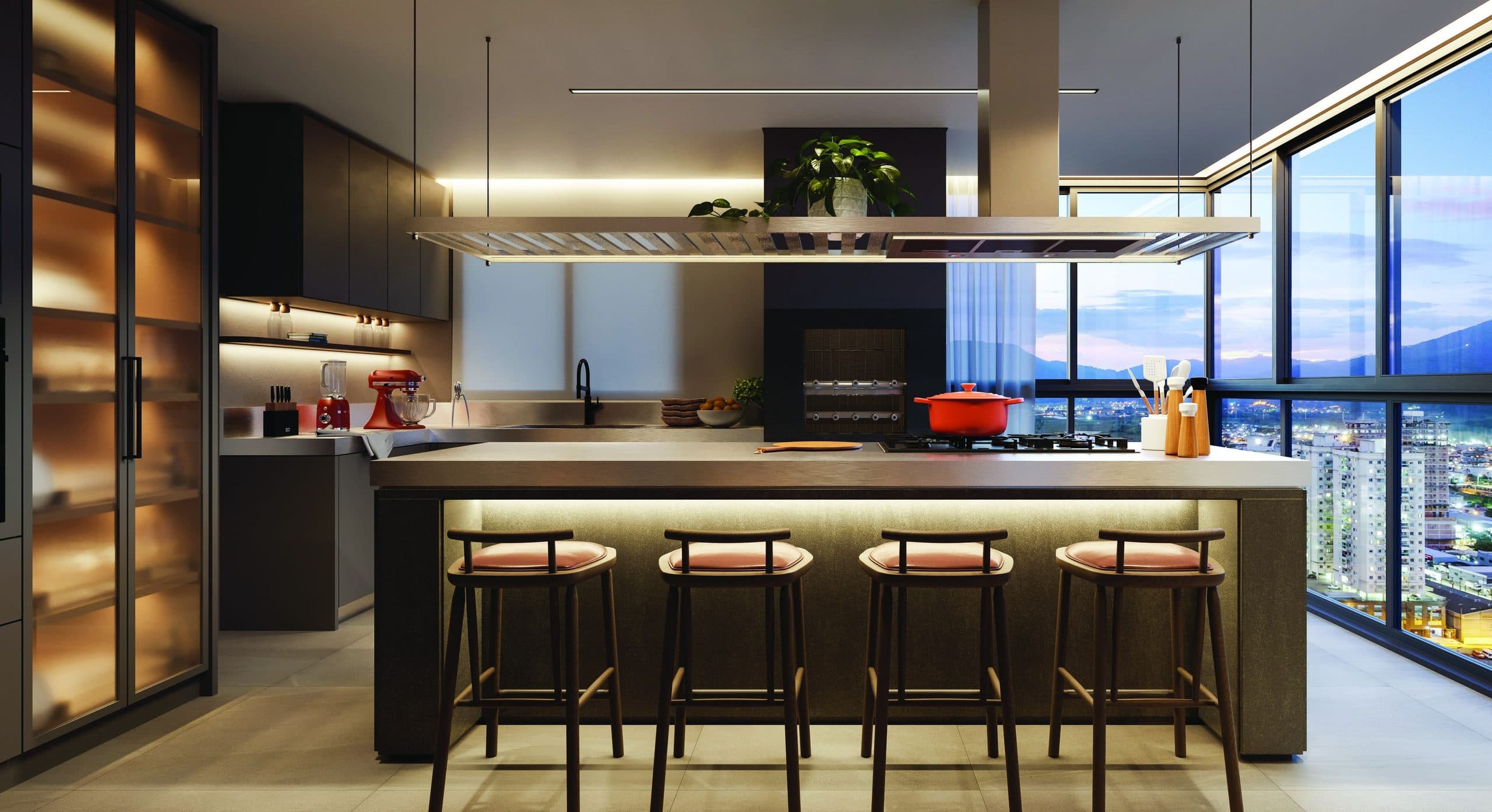 Cozinha integrada com ilha e vista da cidade, apartamento do 2CINCO4 Edition