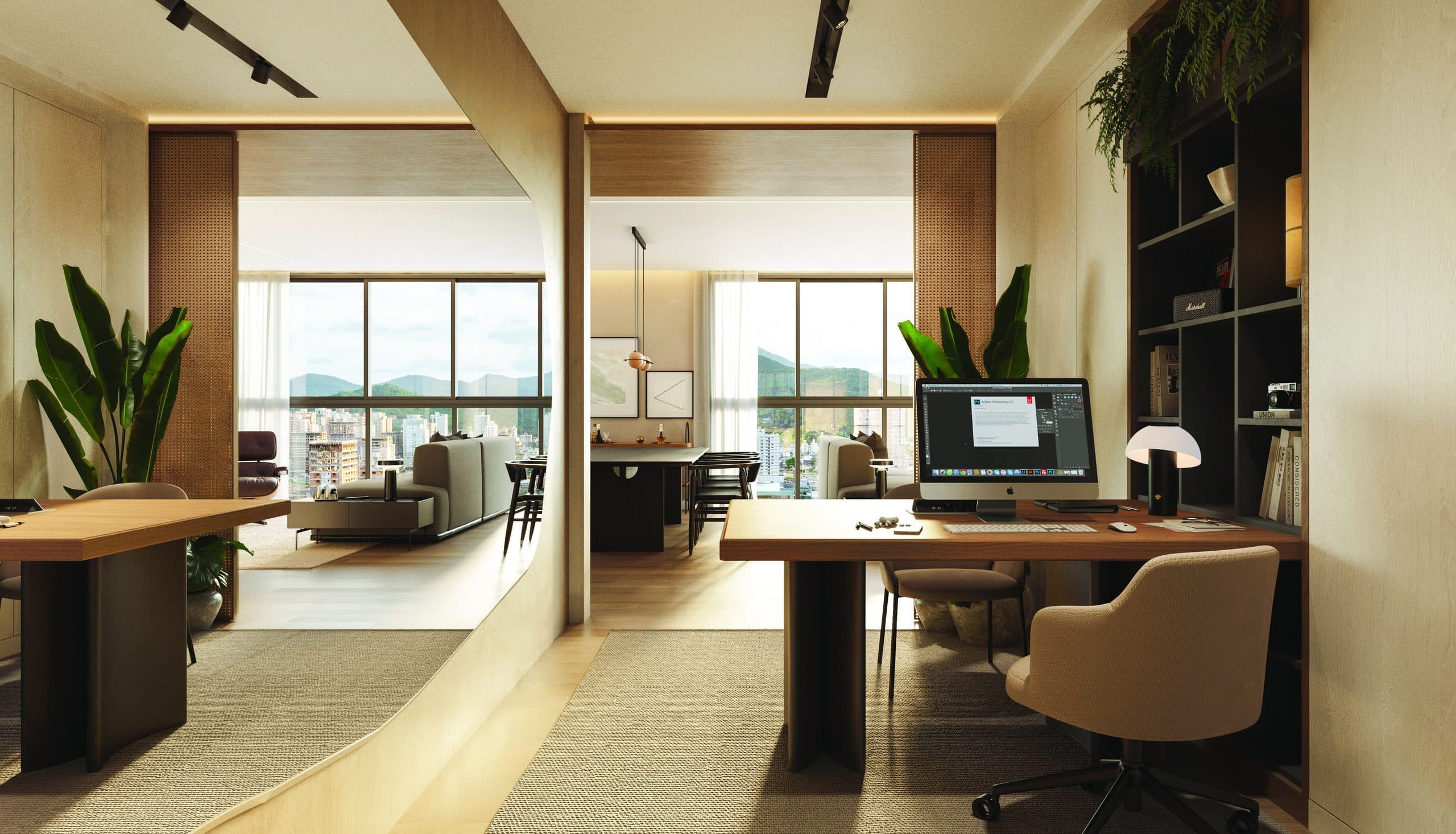 Home office integrado ao living, apartamento do 2CINCO4 Edition, em Itapema