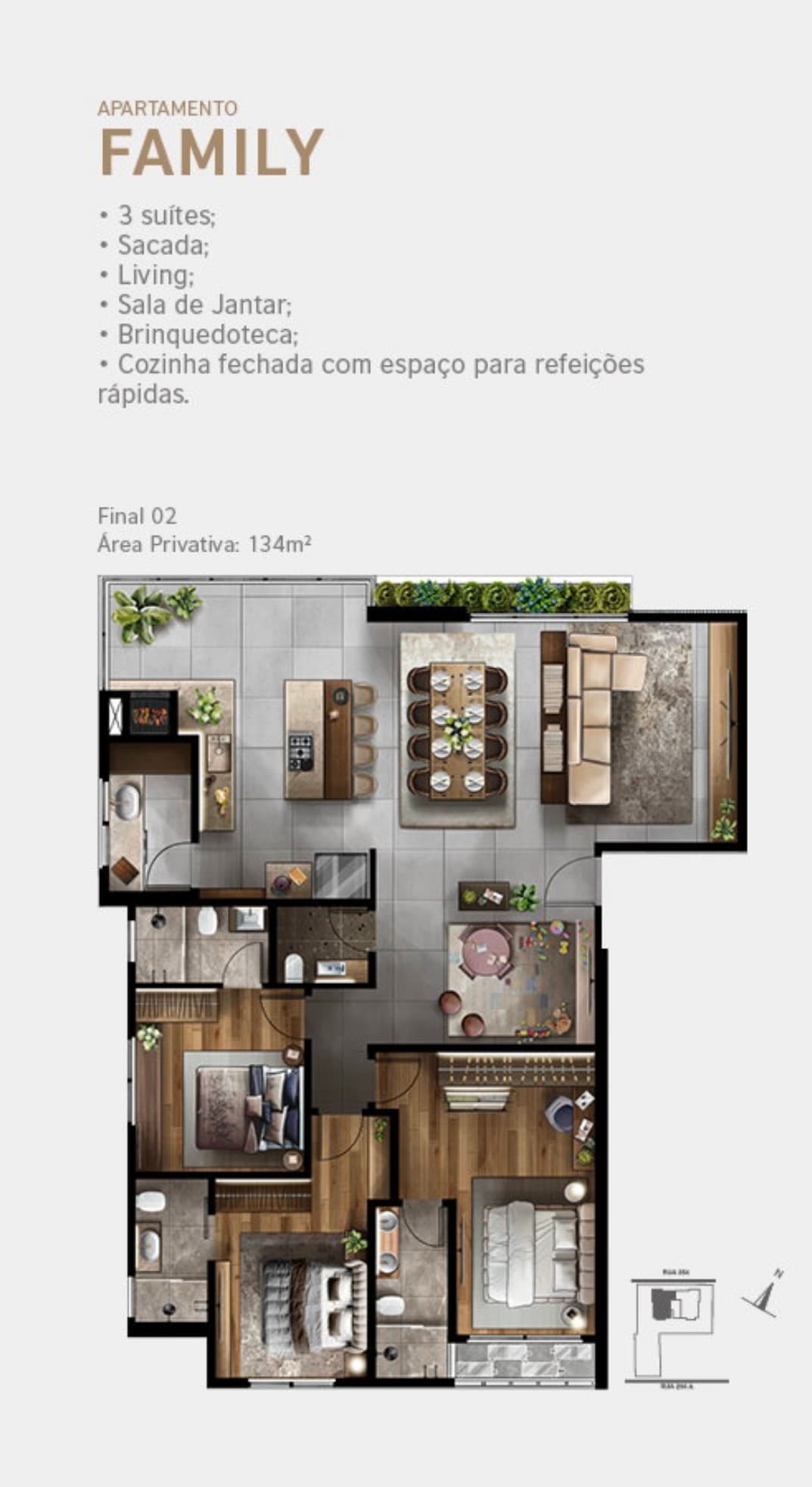 Planta Family 01 do 2CINCO4 Edition — apartamento de 134 m² na Meia Praia, Itapema