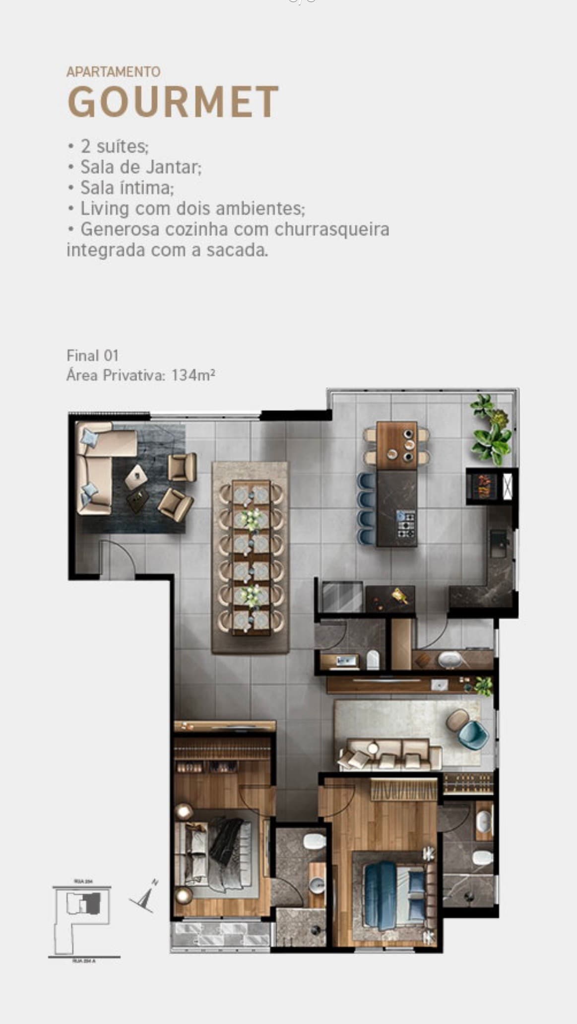 Planta Gourmet 02 do 2CINCO4 Edition — apartamento de 134 m² na Meia Praia, Itapema
