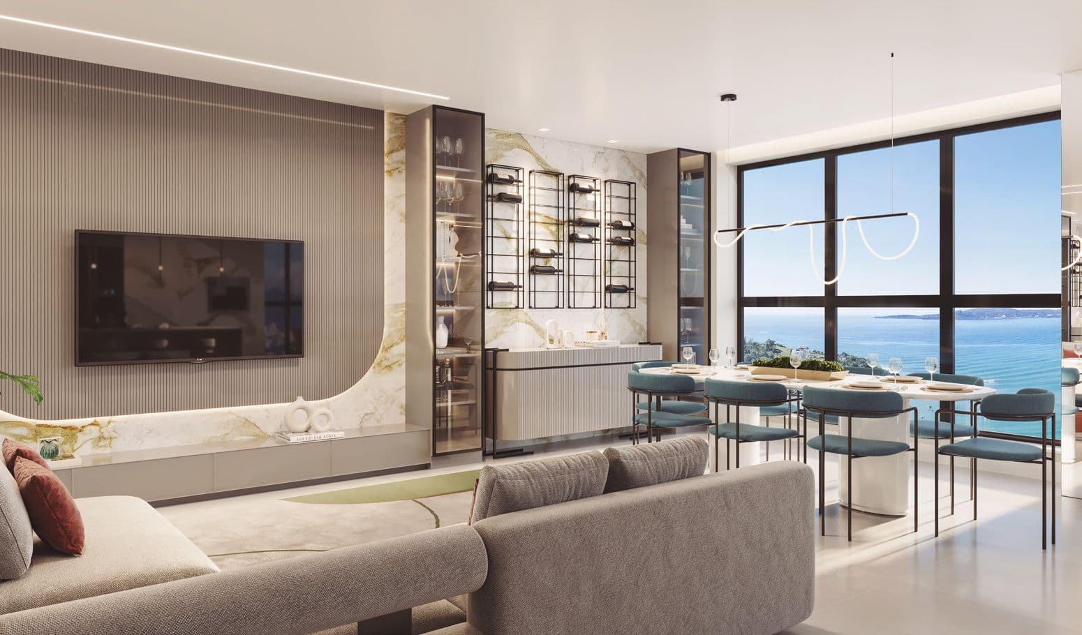 Living integrado de 76 m² com vista para o mar de um apartamento do Accendis Home Living, em Itapema