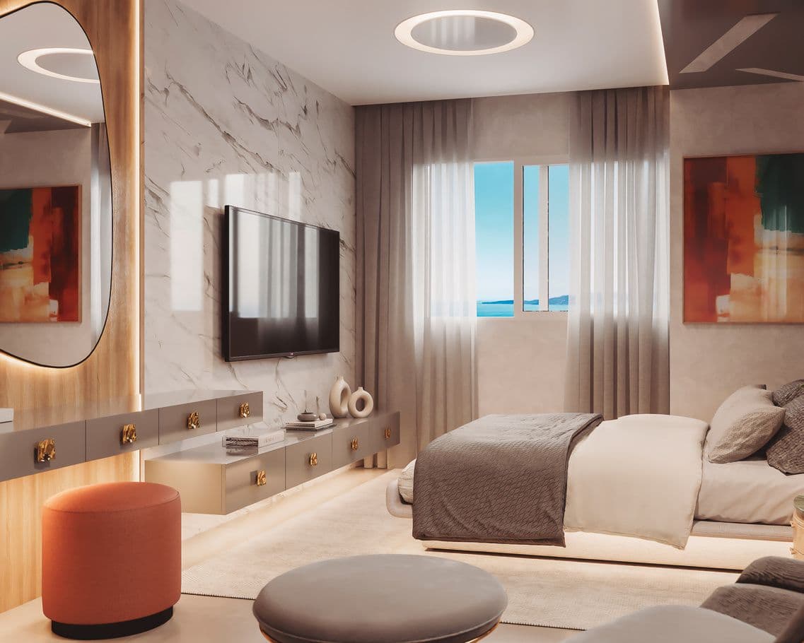 Suíte master de um apartamento do Accendis Home Living, em Itapema