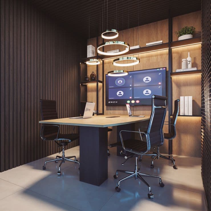 Sala de coworking do Accendis Home Living, em Itapema