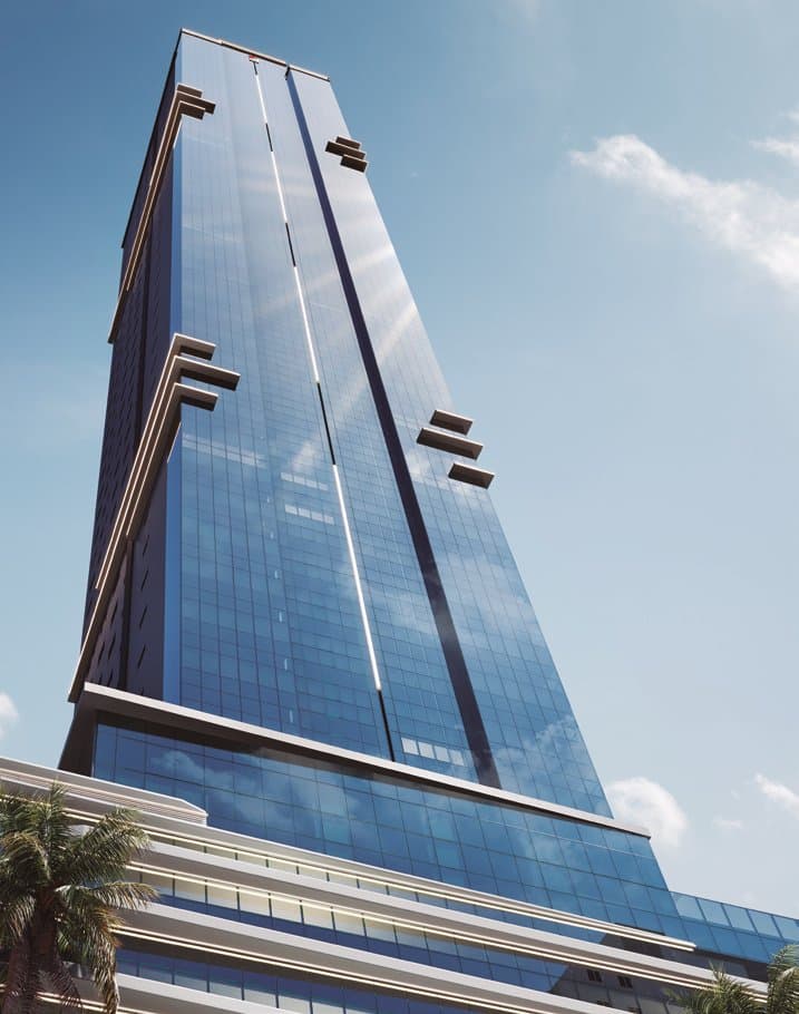 Fachada em pele de vidro da torre do Accendis Home Living, no Centro de Itapema