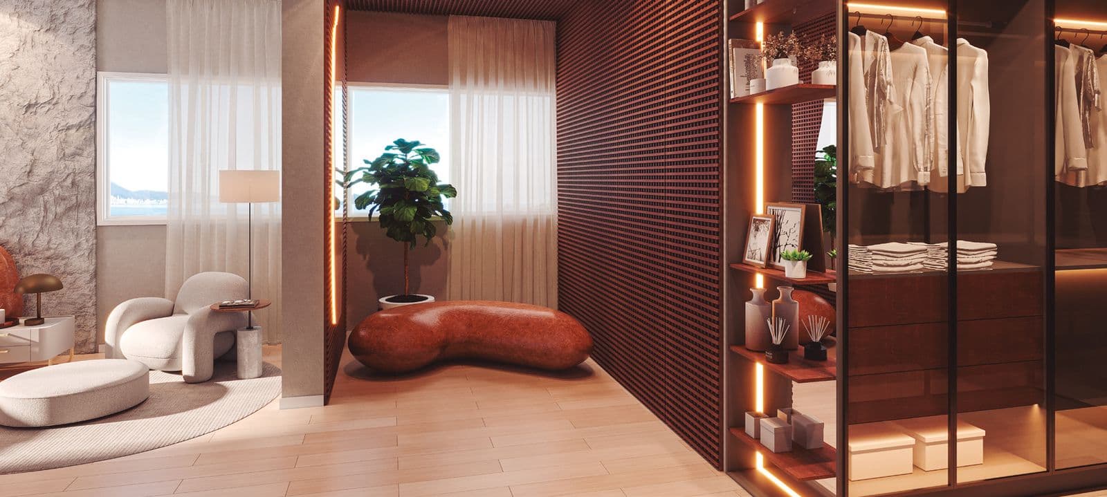 Closet da suíte master da penthouse do Accendis Home Living, no Centro de Itapema