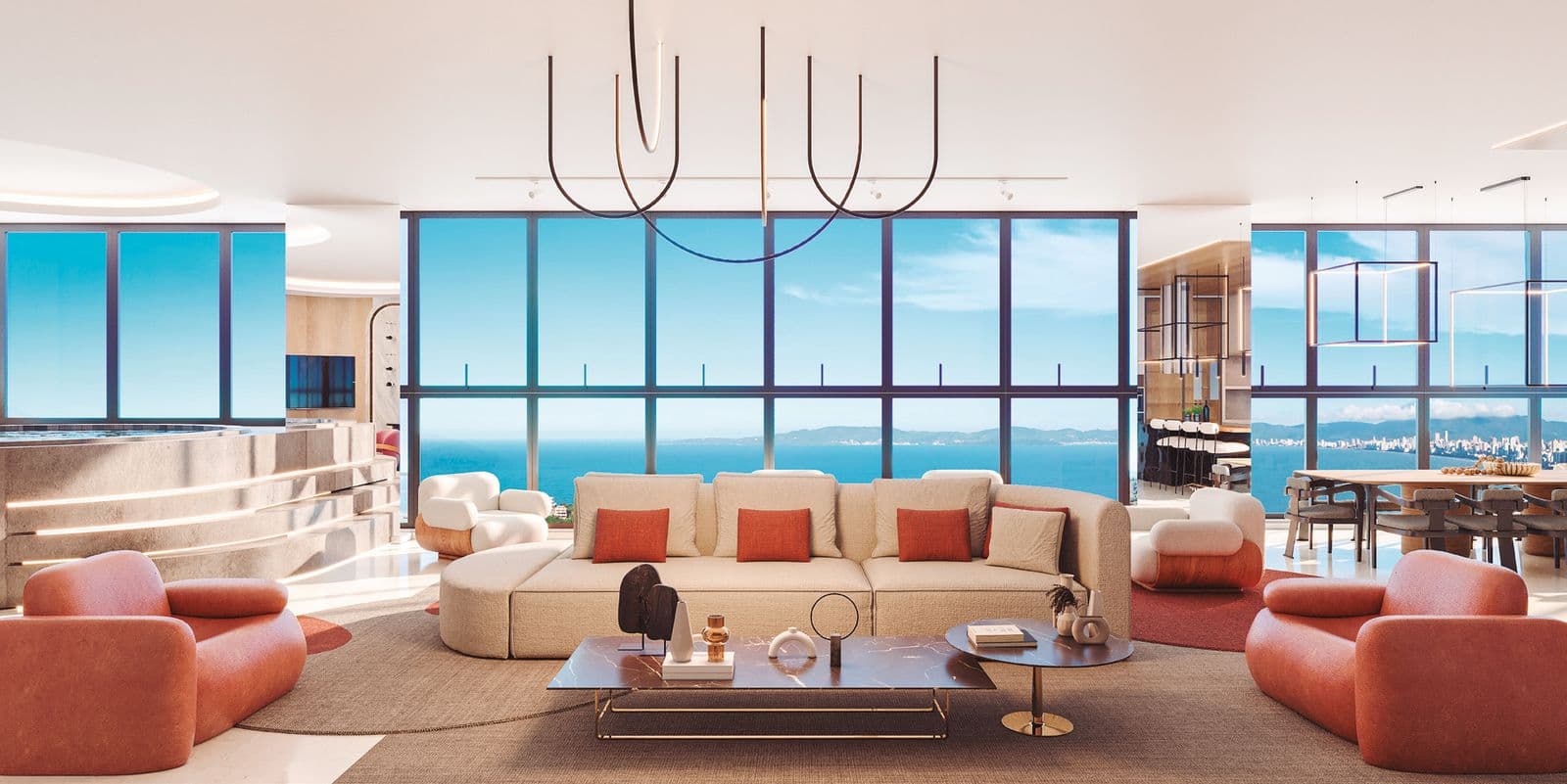 Estar da penthouse do Accendis Home Living, no Centro de Itapema