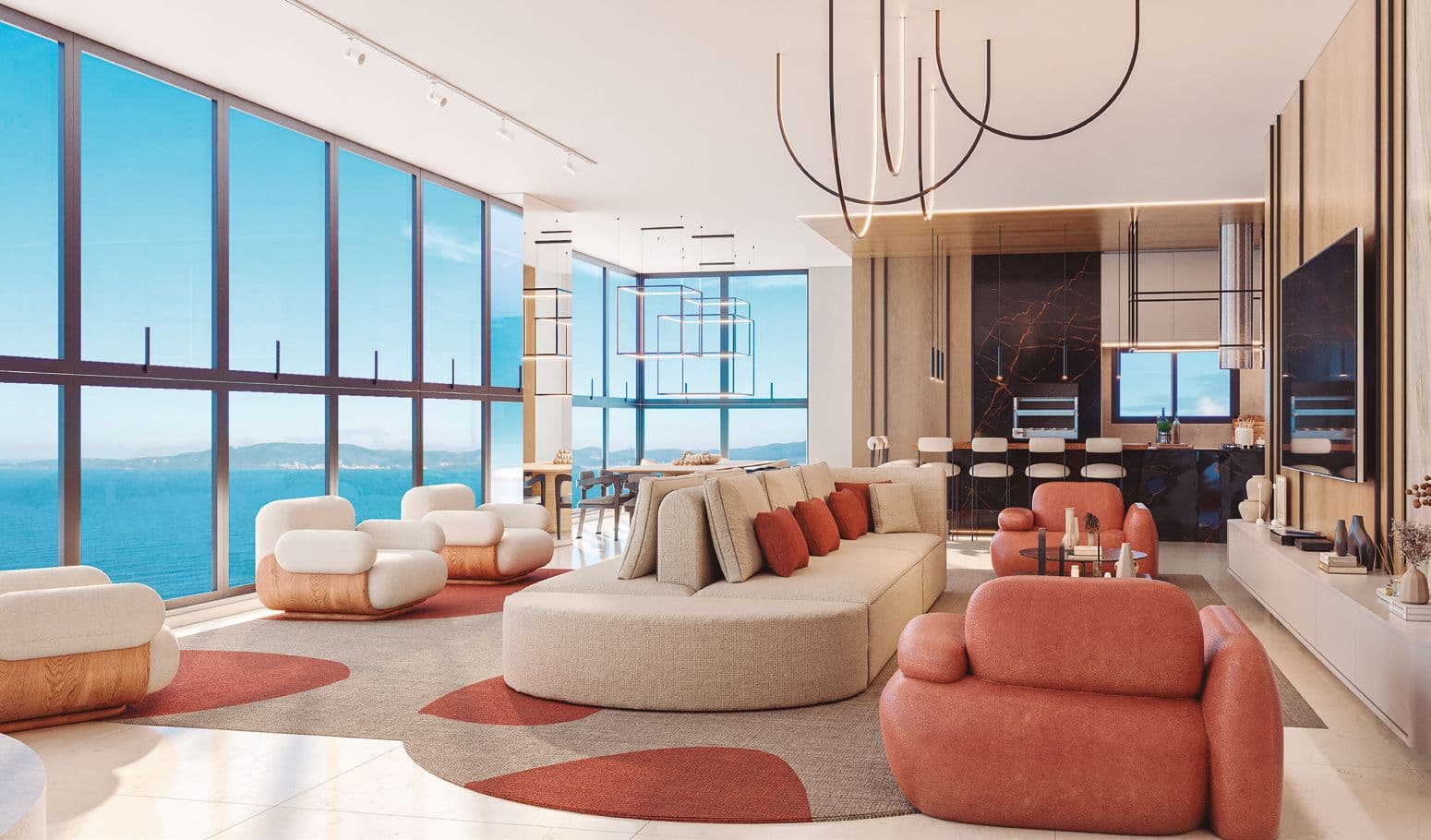 Living da penthouse do Accendis Home Living com vista panorâmica para o mar de Itapema
