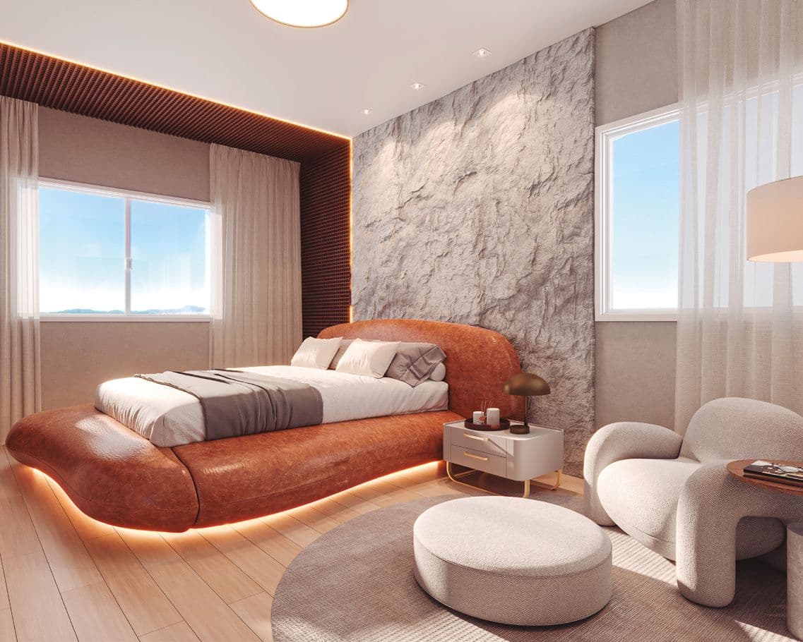 Suíte master de 43 m² da penthouse do Accendis Home Living, em Itapema