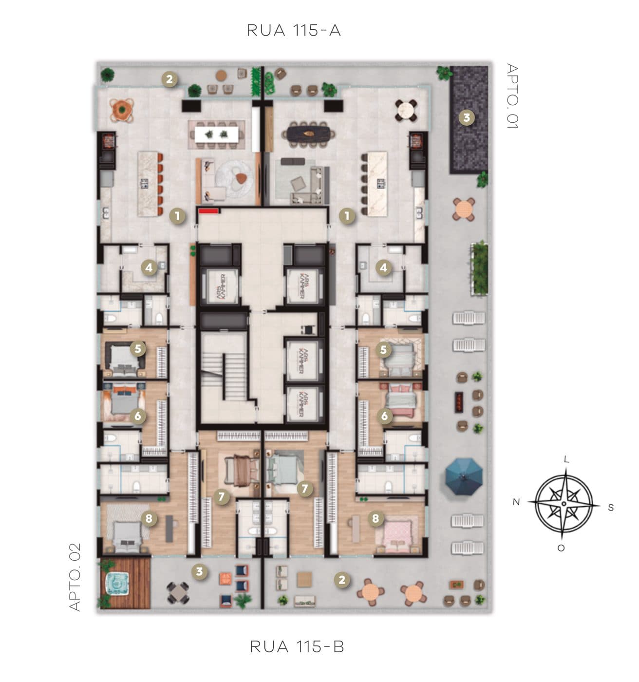 Planta dos apartamentos garden do Accendis Home Living, de 368 e 249 m² com terraço e piscina privativa, em Itapema