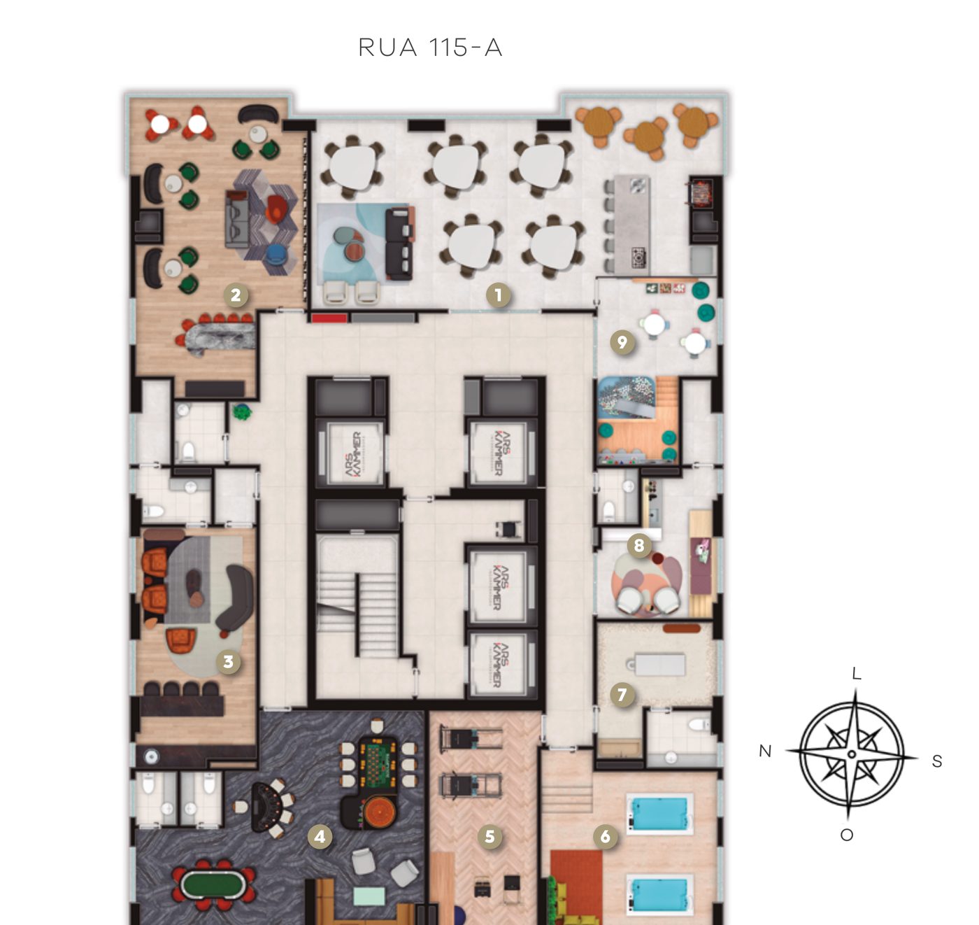 Planta das áreas de lazer do 37º pavimento do Accendis Home Living, com Sky Lounge e wine bar, em Itapema
