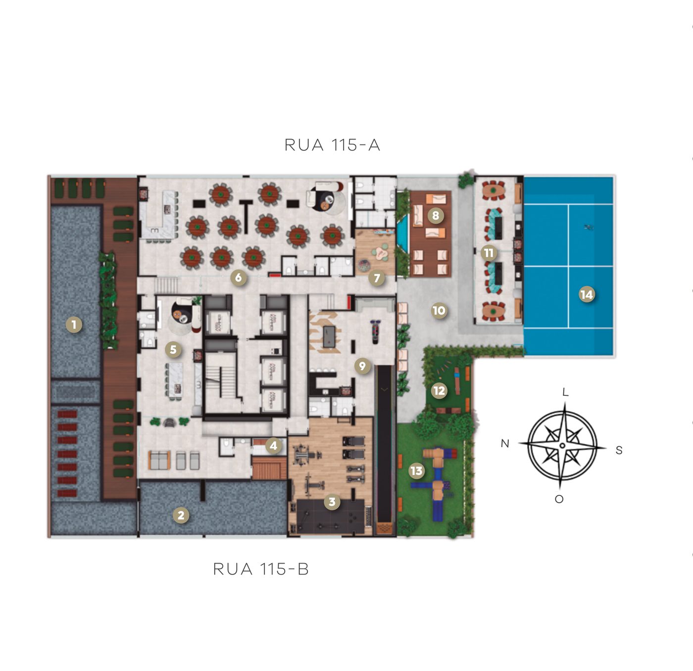 Planta das áreas de lazer do 7º pavimento do Accendis Home Living, com 1.380 m², em Itapema