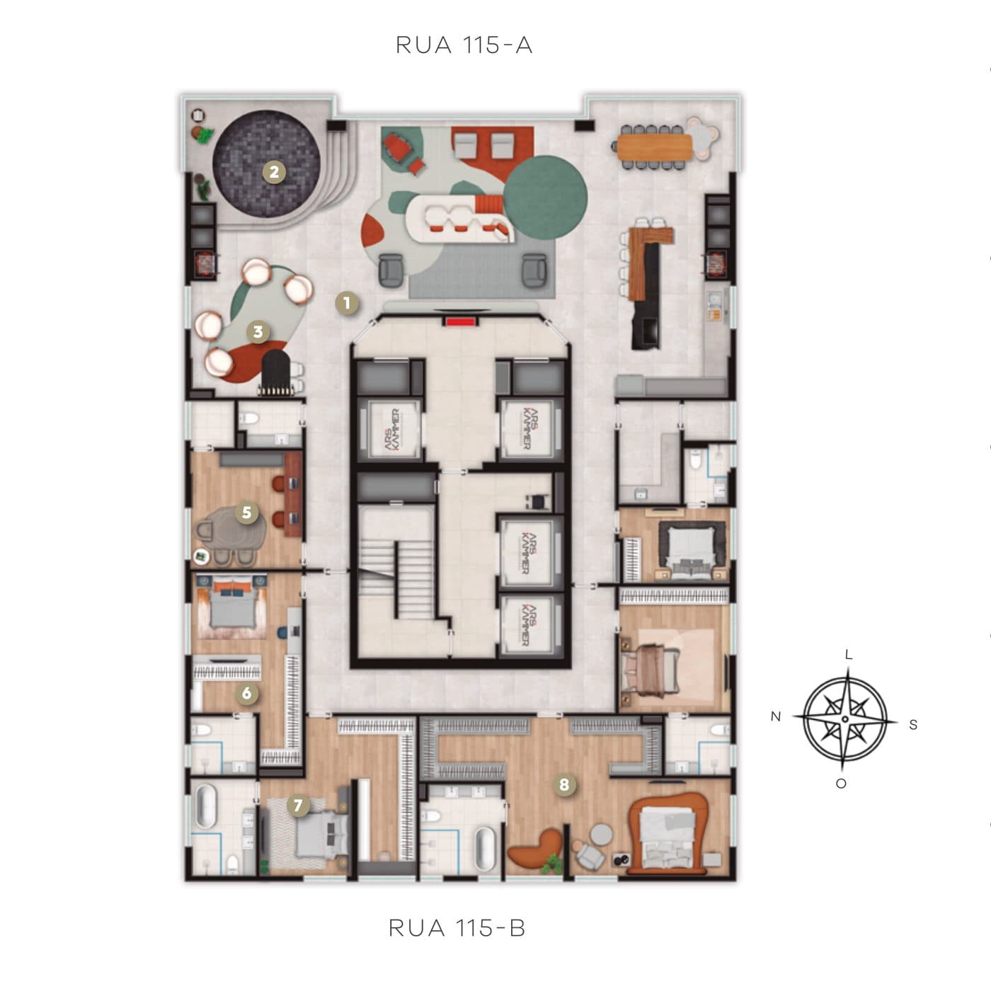 Planta da penthouse de 412 m² do Accendis Home Living, com 5 suítes e piscina interna, no Centro de Itapema