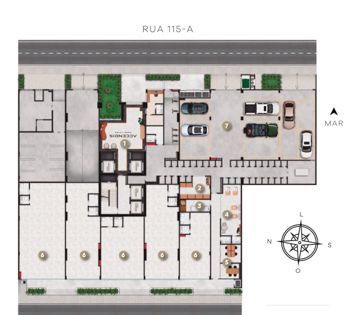 Planta do pavimento térreo do Accendis Home Living, com hall, minimarket, petcare, beauty place e coworking, em Itapema