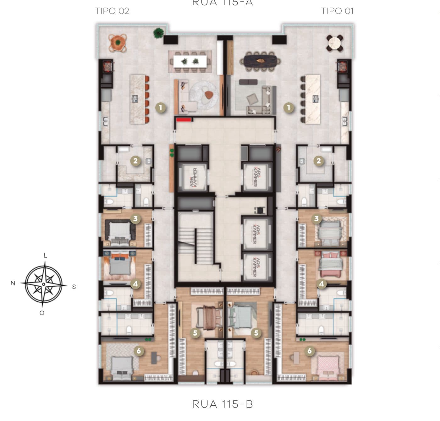 Planta do pavimento tipo do Accendis Home Living, com apartamentos de 202 m² e 4 suítes, no Centro de Itapema