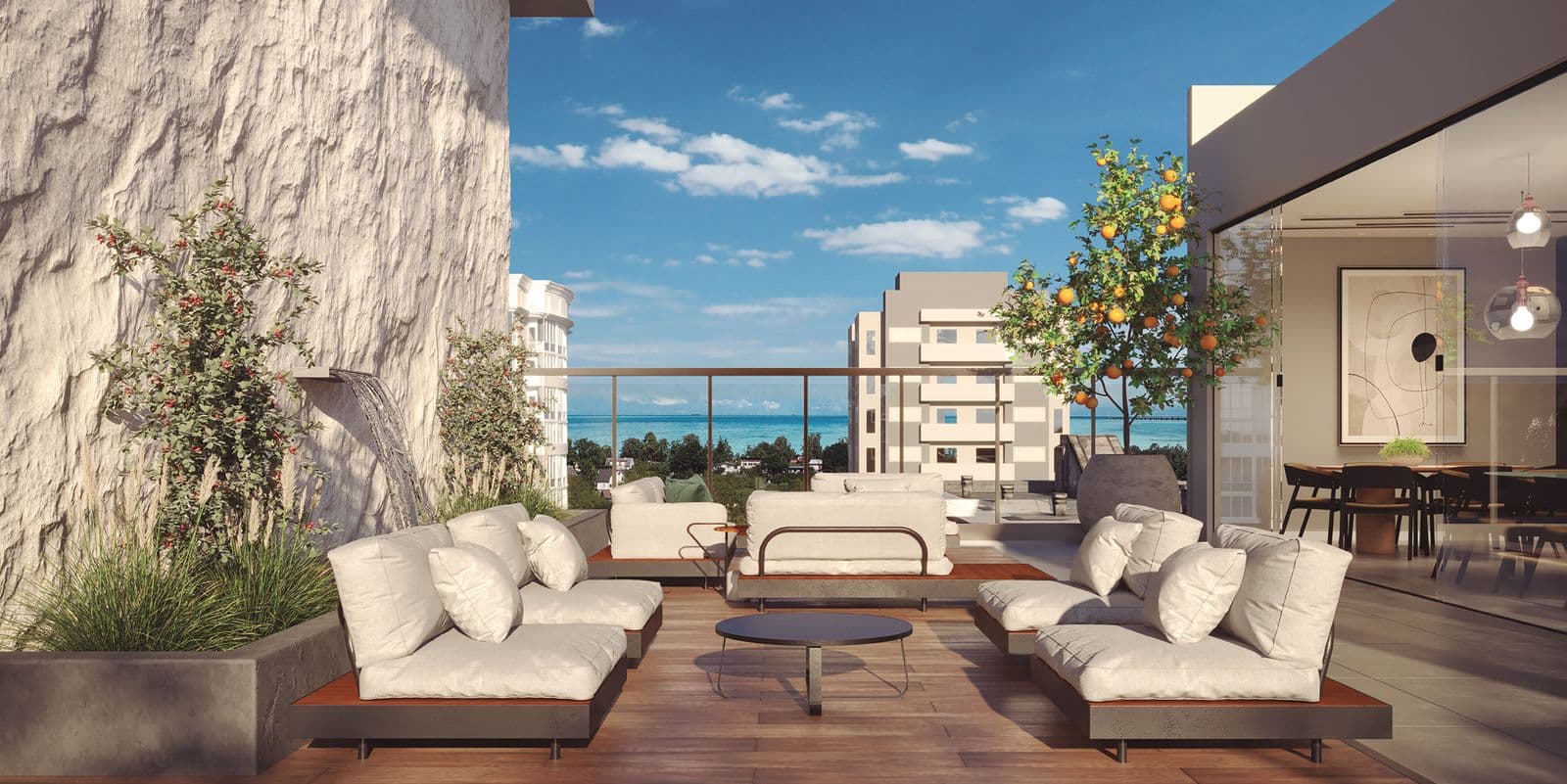 Praça de fogo do Accendis Home Living, com vista para o mar de Itapema