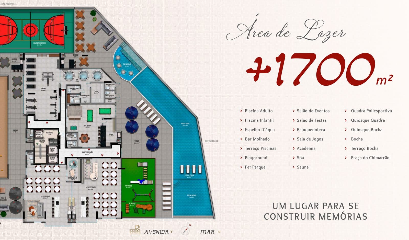 Planta da área de lazer do Adonai Residence, com quadra poliesportiva, piscinas e salão de eventos, em Porto Belo