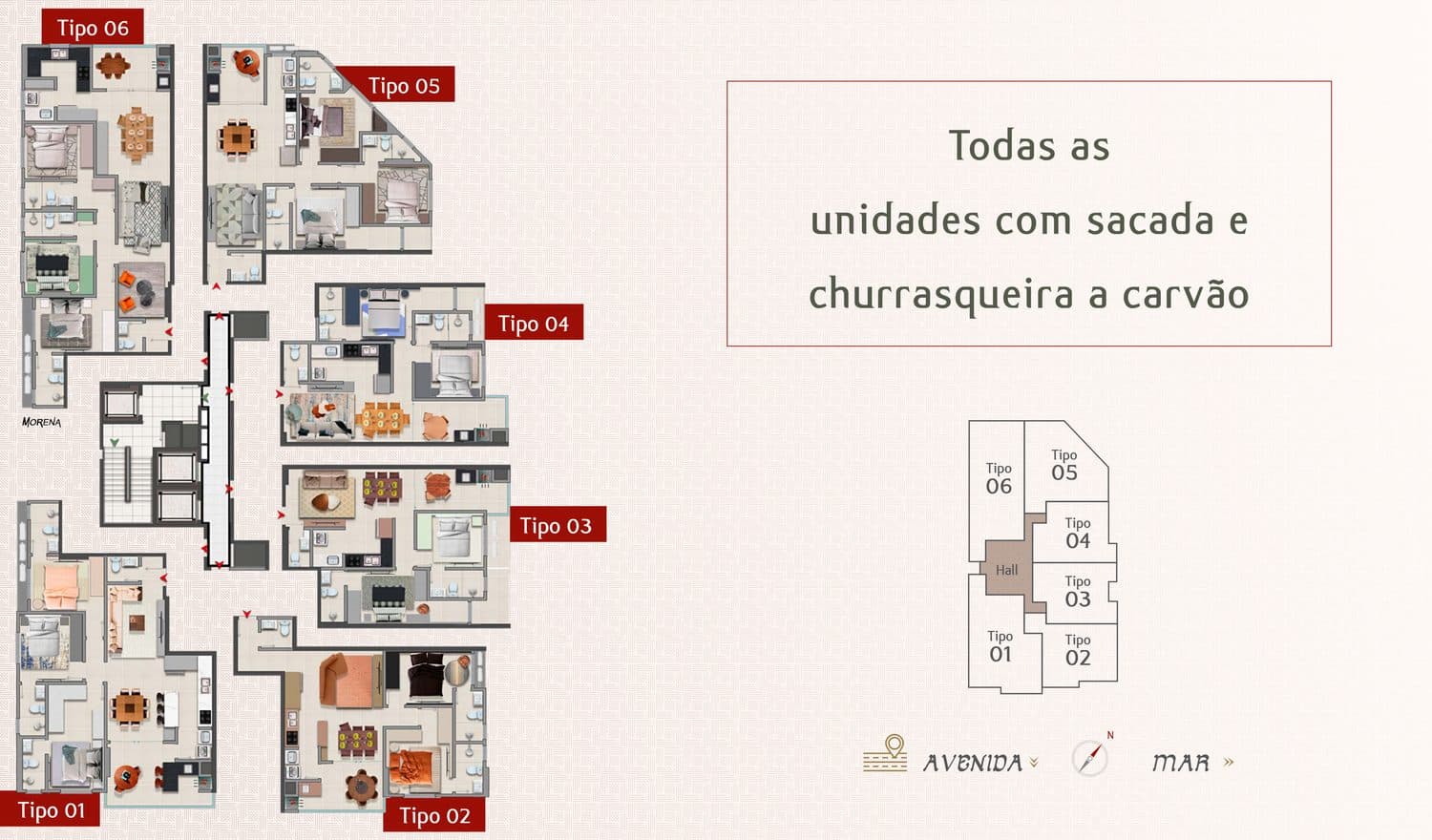 Planta do pavimento tipo do Adonai Residence, com os seis apartamentos por andar