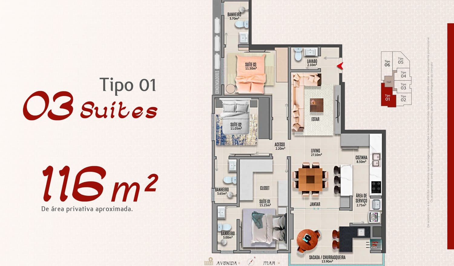Planta do Tipo 01 do Adonai Residence, 116 m² com 3 suítes, em Porto Belo