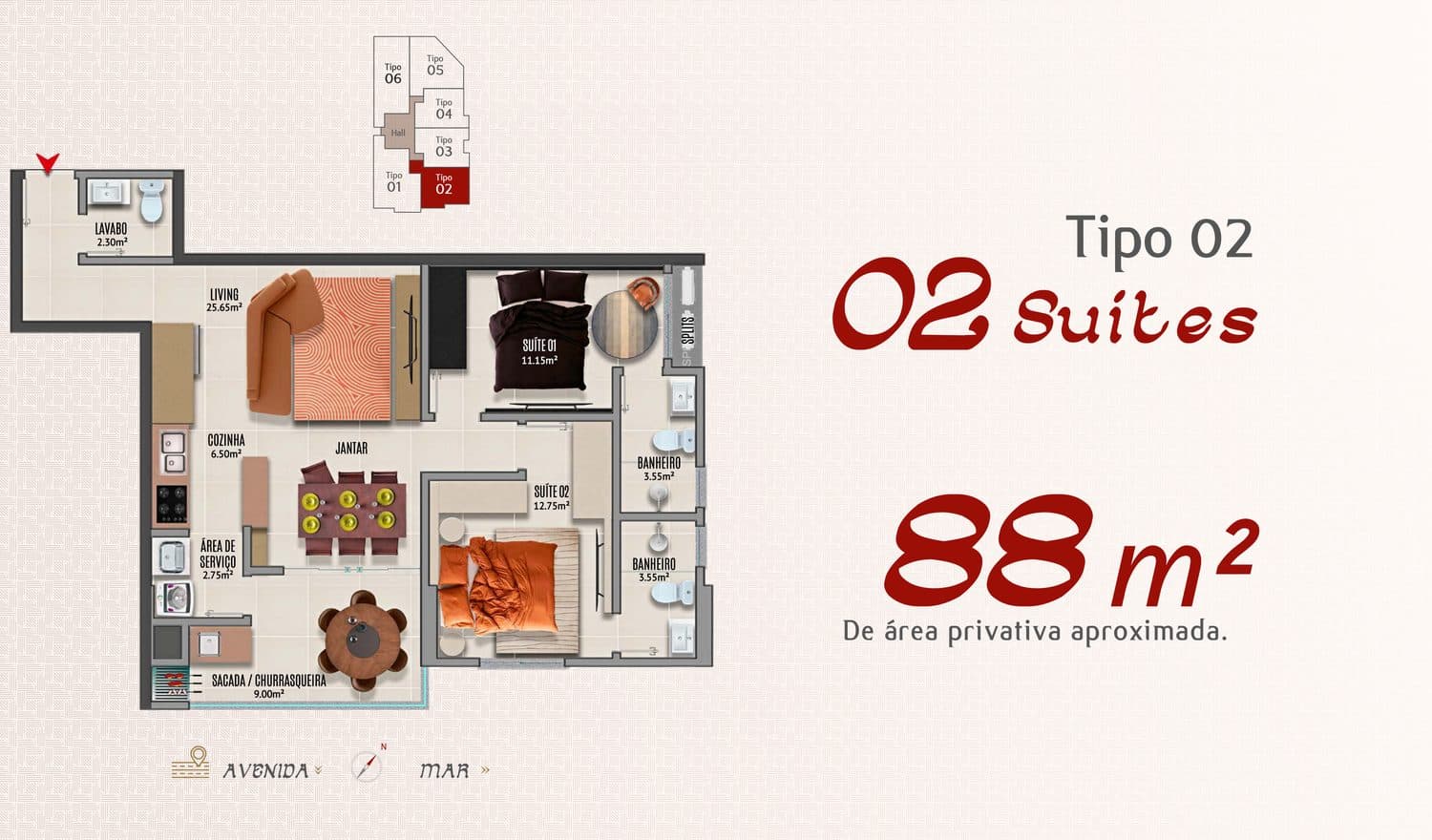 Planta do Tipo 02 do Adonai Residence, 88 m² com 2 suítes, em Porto Belo