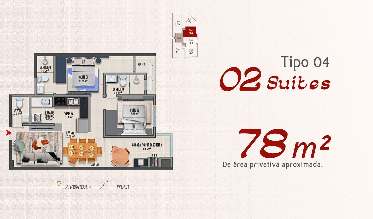 Planta do Tipo 04 do Adonai Residence, 78 m² com 2 suítes, em Porto Belo