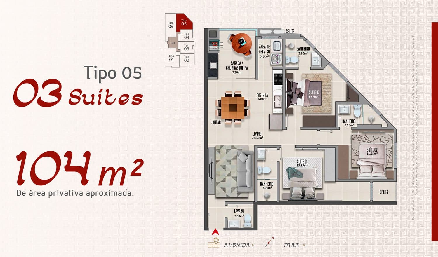 Planta do Tipo 05 do Adonai Residence, 104 m² com 3 suítes, em Porto Belo