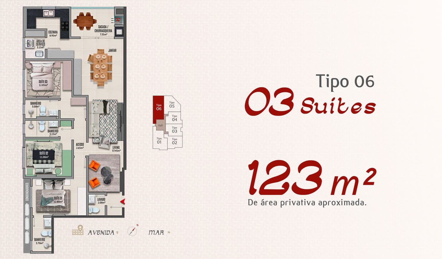 Planta do Tipo 06 do Adonai Residence, 123 m² com 3 suítes, em Porto Belo