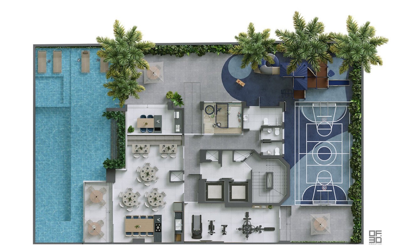 Planta da área de lazer do Água Marinha, com piscina, quadra poliesportiva e academia