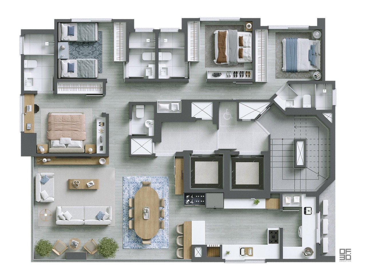 Planta do apartamento tipo do Água Marinha, com 4 suítes e 145,10 m², em Meia Praia