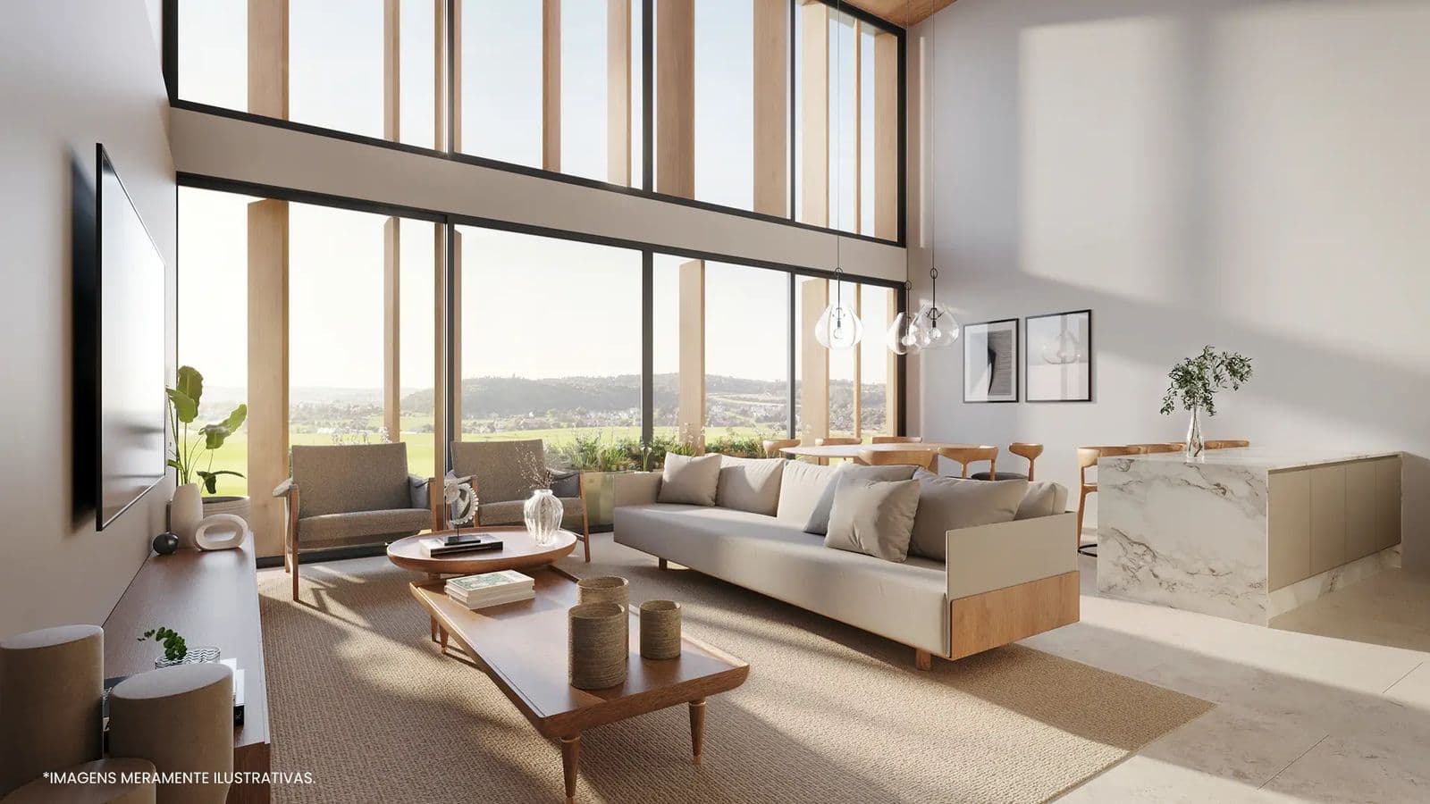 Living em pé-direito duplo de um apartamento duplex do Golf View, em Porto Belo