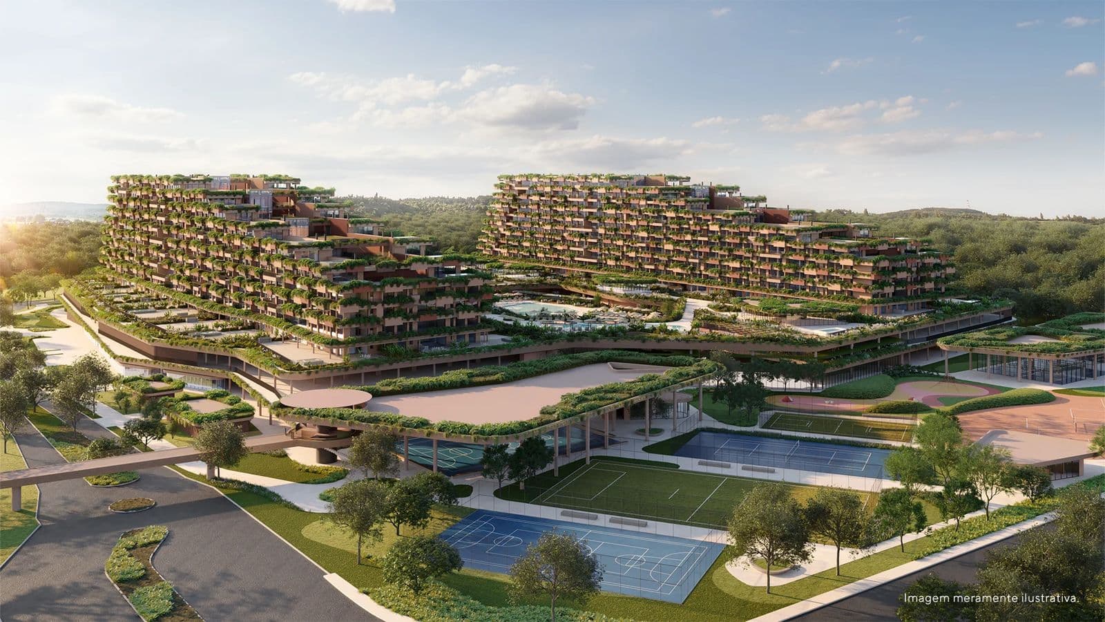 Conjunto de edifícios do Terra All Resort visto do alto, em Porto Belo