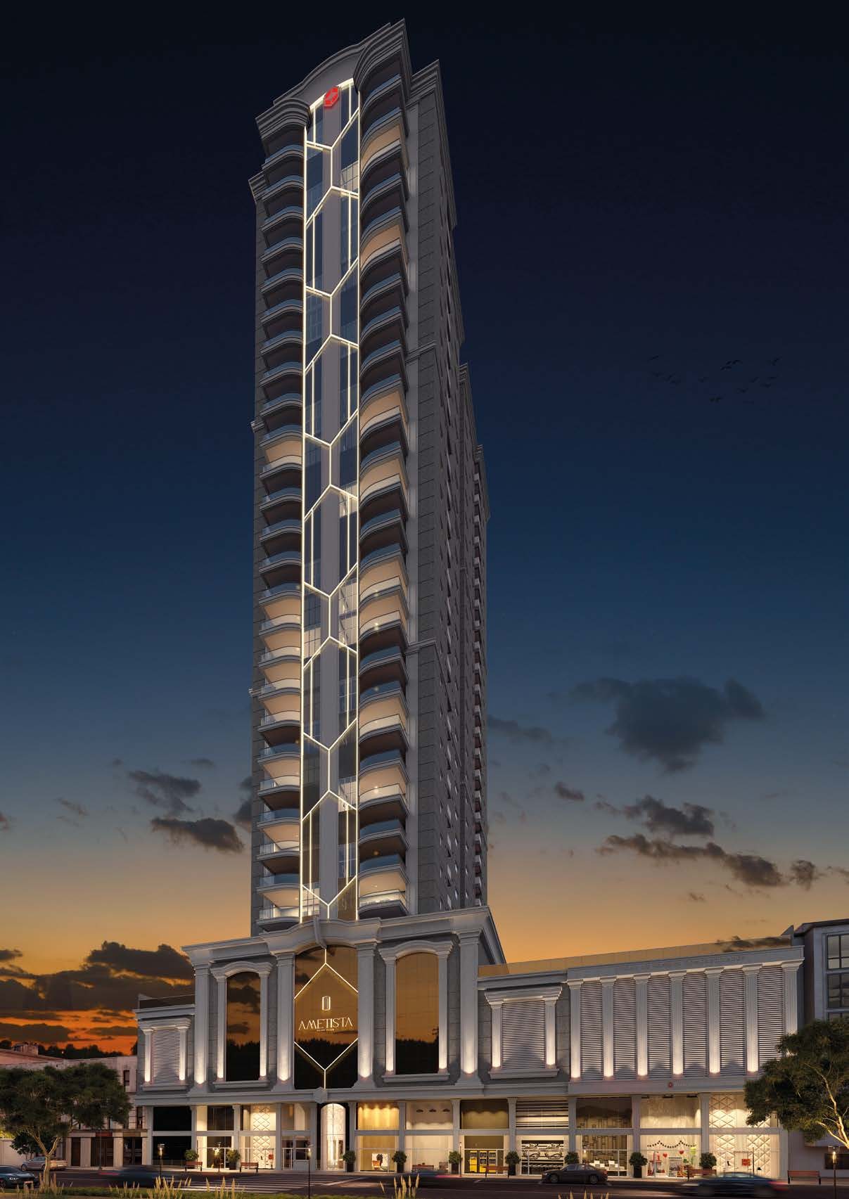Torre do Ametista Home Club ao entardecer, na Meia Praia, Itapema
