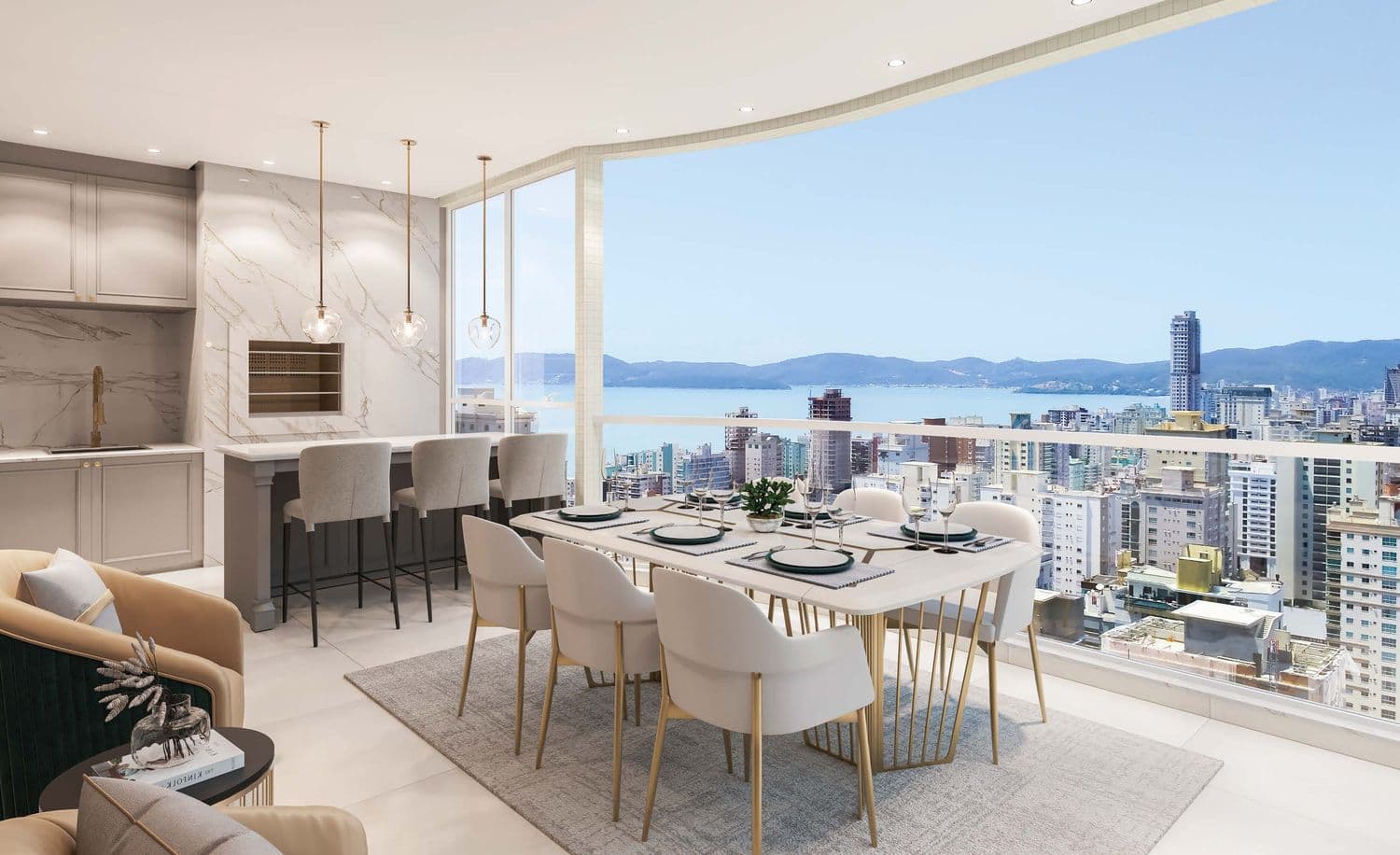 Living e sala de jantar com vista para o mar de um apartamento do Ametista Home Club, em Itapema