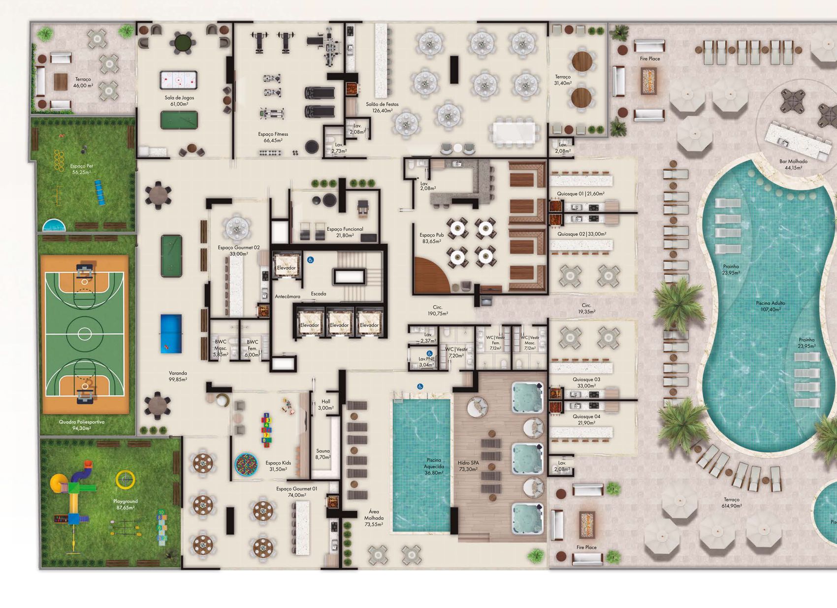 Planta do pavimento de lazer de 2.345 m² do Ametista Home Club, em Itapema