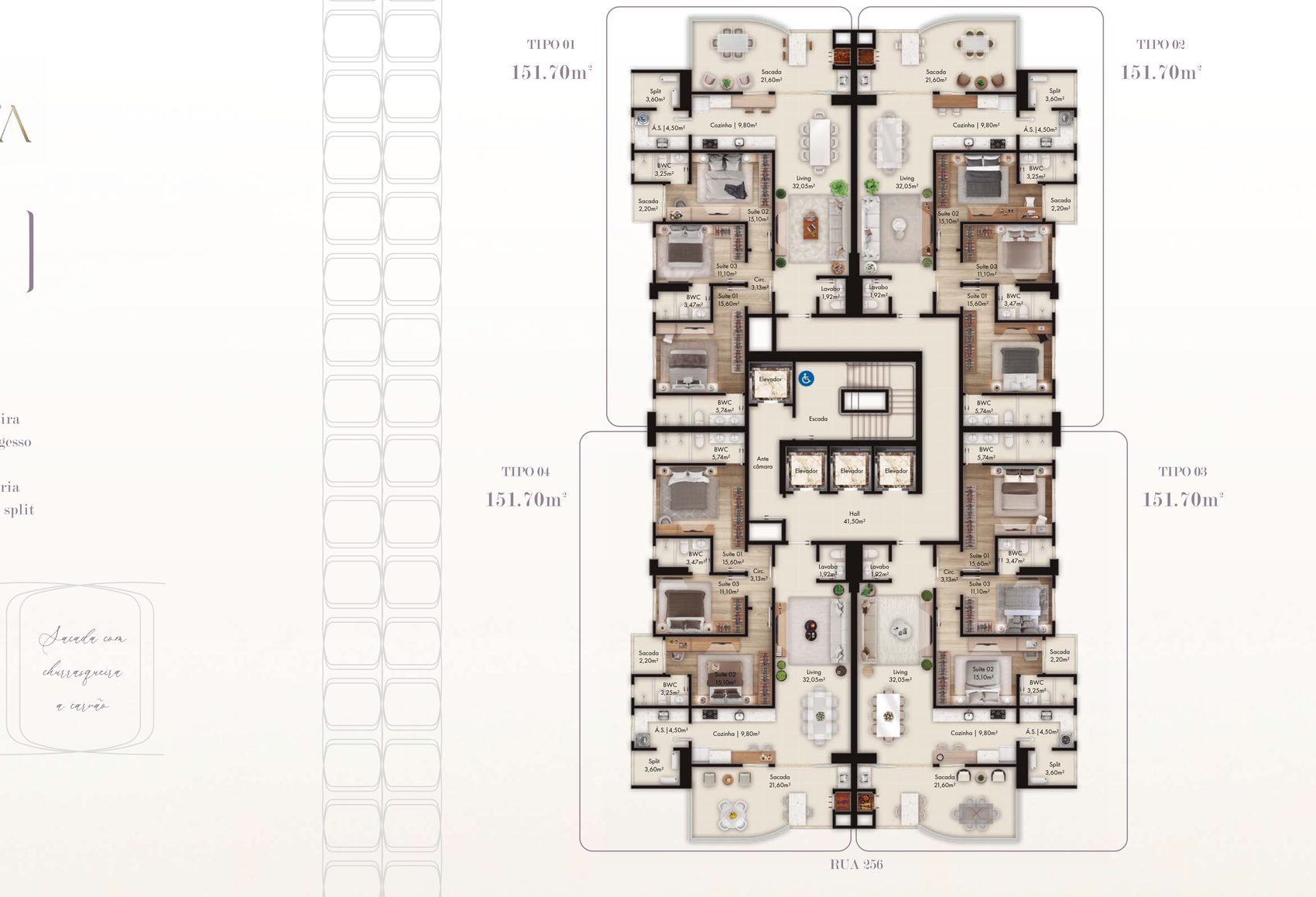 Planta humanizada do apartamento tipo de 151 m² com 3 suítes do Ametista Home Club, em Itapema