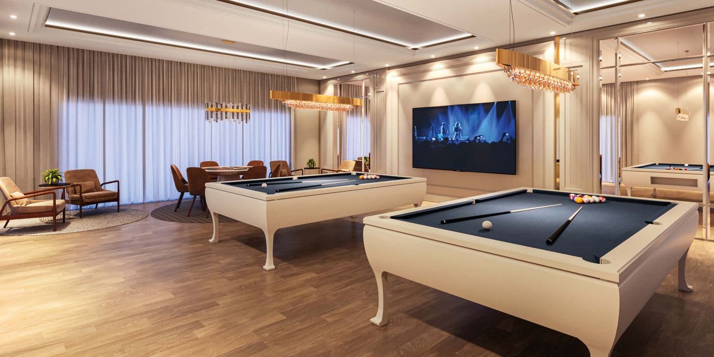 Sala de jogos com sinuca do Ametista Home Club, em Itapema