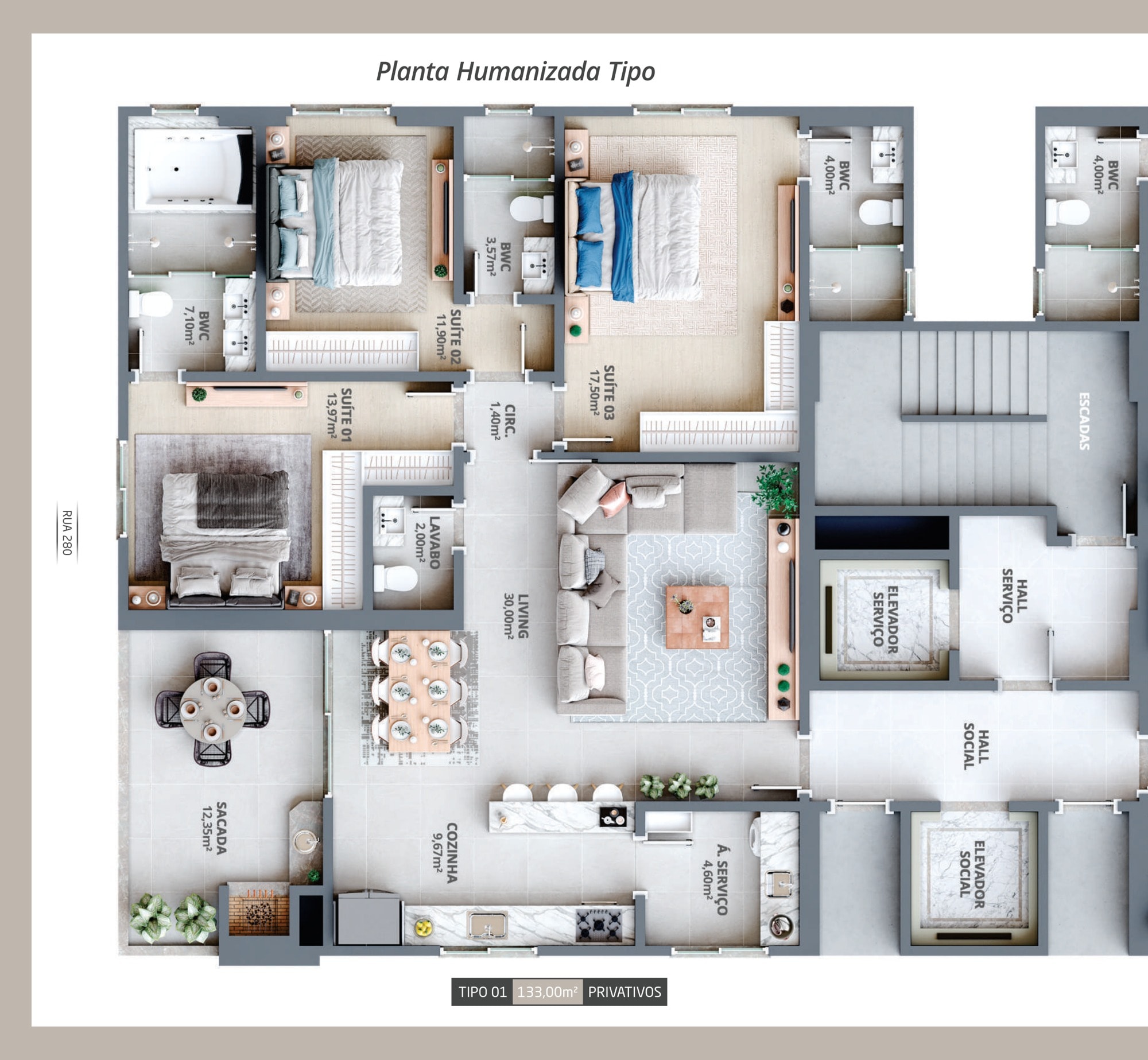 Planta humanizada do apartamento tipo do Amon Rá Tower