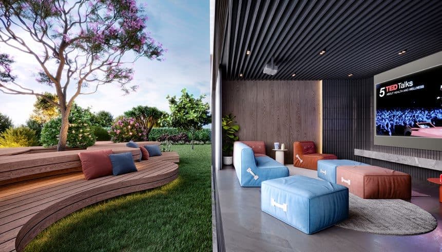 Cinema integrado à área verde do Amrita Apartments, em Porto Belo