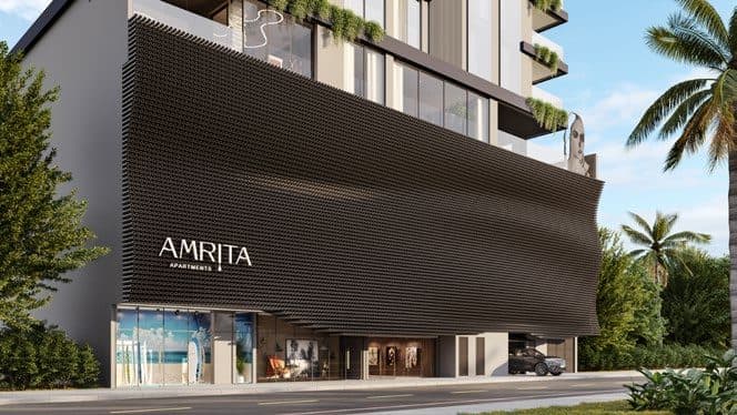 Fachada do edifício Amrita Apartments na Avenida Senador Atílio Fontana, Balneário Perequê, Porto Belo