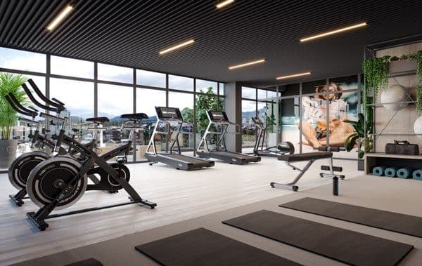 Fitness center com acesso ao terraço do Amrita Apartments, em Porto Belo