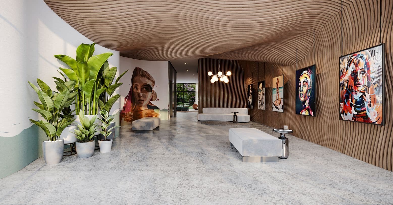 Hall de entrada com exposição de arte do condomínio Amrita Apartments, em Porto Belo