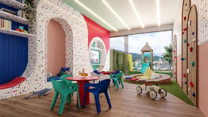 Espaço kids interno do Amrita Apartments, no Balneário Perequê, Porto Belo
