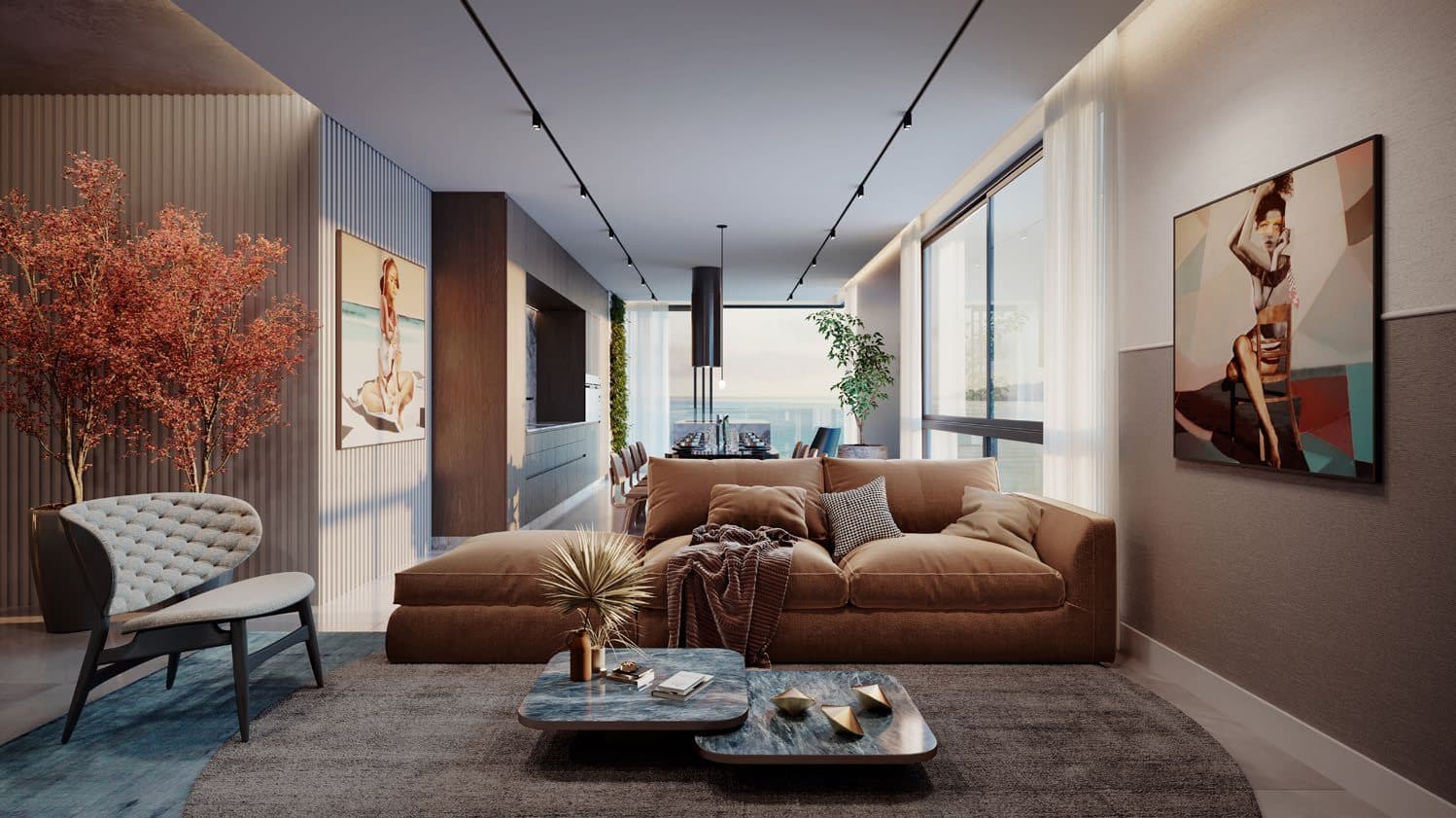 Living com janelas do piso ao teto e vista para o mar de um apartamento do Amrita Apartments, em Porto Belo