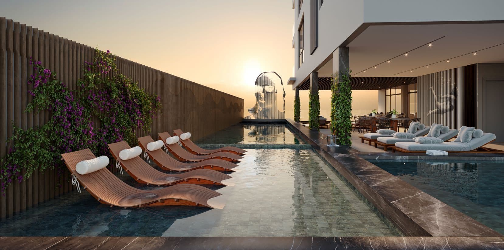 Piscina aquecida com prainha e espelho d'água do Amrita Apartments, em Porto Belo