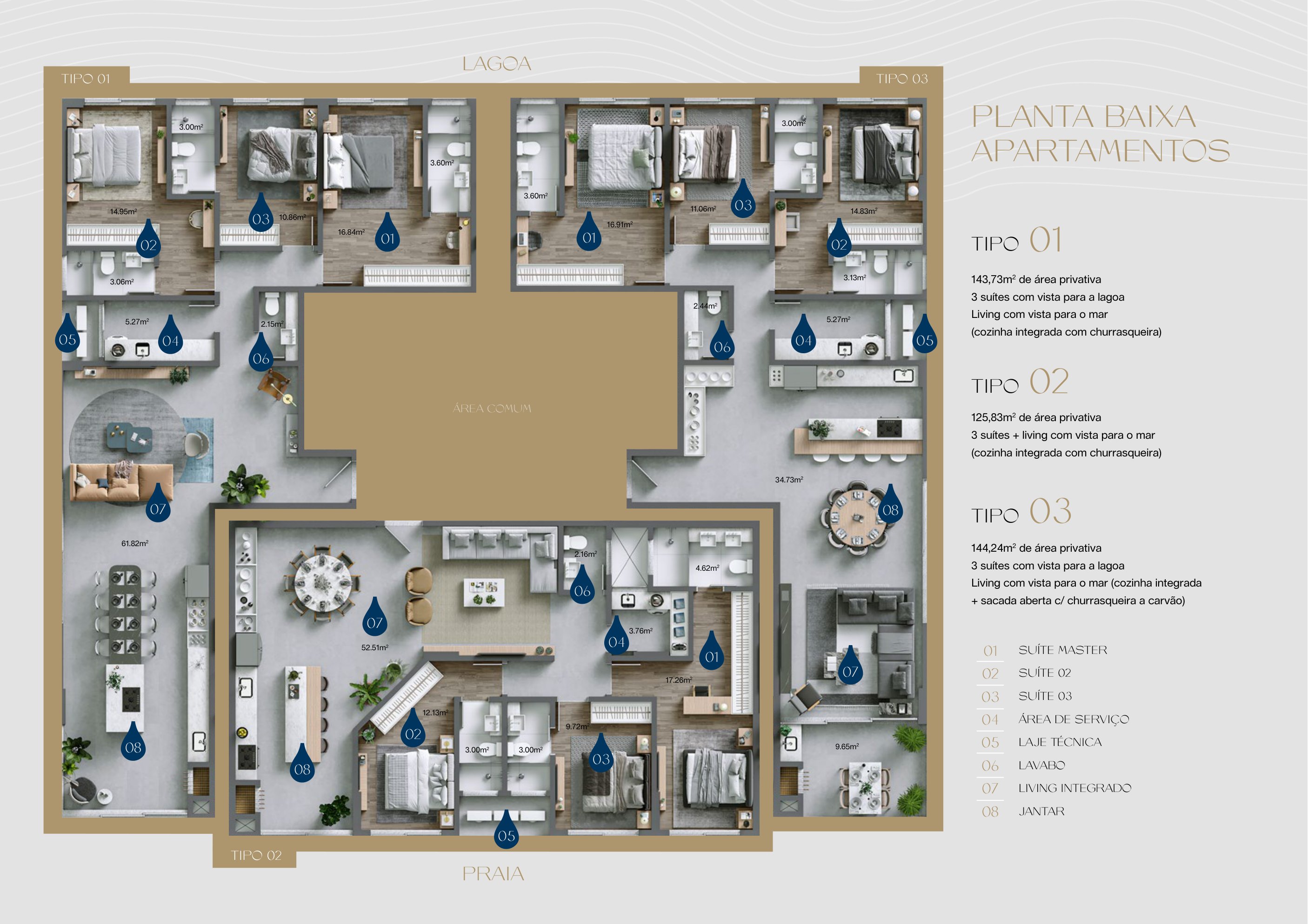 Plantas baixas dos apartamentos tipo 01, 02 e 03 do Amrita Apartments, em Porto Belo